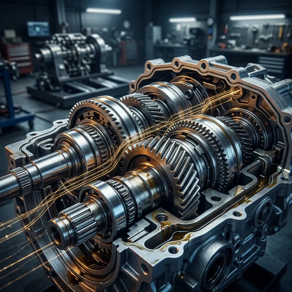 Mechanische Innenteile eines Getriebes mit ineinandergreifenden Stahlzahnrädern und golden leuchtenden Datenströmen.